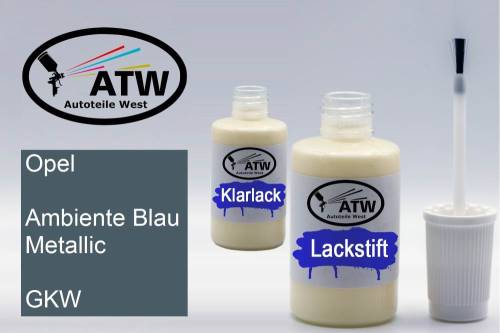 Opel, Ambiente Blau Metallic, GKW: 20ml Lackstift + 20ml Klarlack - Set, von ATW Autoteile West.